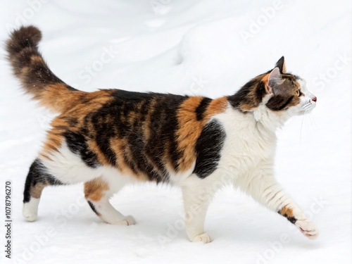 Night Photography of a Calico Cat Walking Gracefully Across a White Background, Isolated for a Minimalistic and Striking Visual Appeal