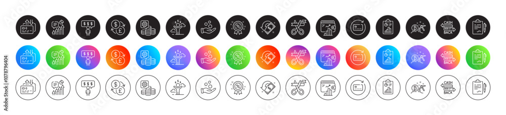 Making money, Difficult stress and Wallet line icons. Round icon gradient buttons. Pack of Cashback card, Discount, Donation money icon. Cashback, Employee benefits, Clipboard pictogram. Vector Making money, Difficult stress and Wallet line icons. Round icon gradient buttons. Pack of Cashback card, Discount, Donation money icon. Cashback, Employee benefits, Clipboard pictogram. Vector