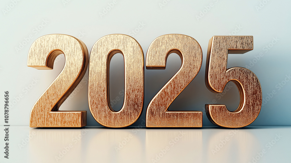Gold metallic 3D numbers forming the year 2025 against a neutral background with reflections on a smooth surface. Gold metallic 3D numbers forming the year 2025 against a neutral background with reflections on a smooth surface.