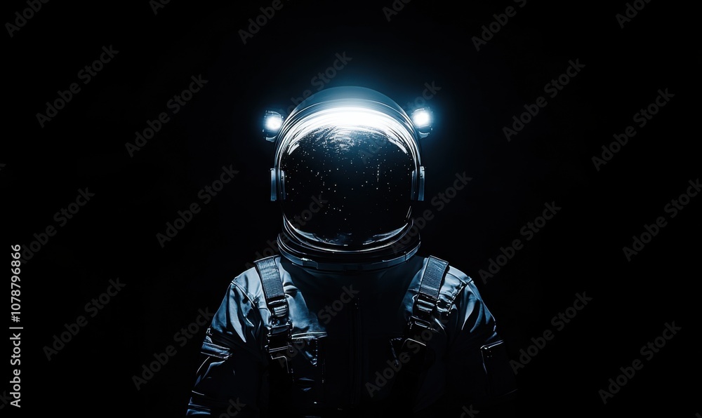 A dark space background with an astronaut wearing a helmet and lights on the front, symmetrical composition, minimalist style, black tones, backlighting effect, cool tone. A dark space background with an astronaut wearing a helmet and lights on the front, symmetrical composition, minimalist style, black tones, backlighting effect, cool tone.