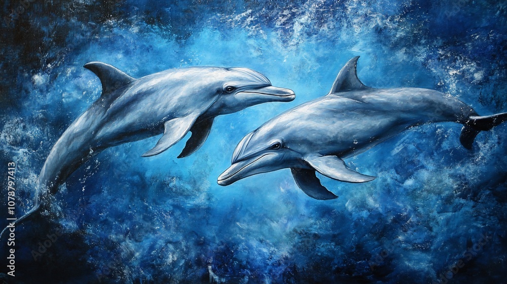 Two dolphins leap through the blue water, their bodies silhouetted against the bright sky. Two dolphins leap through the blue water, their bodies silhouetted against the bright sky.