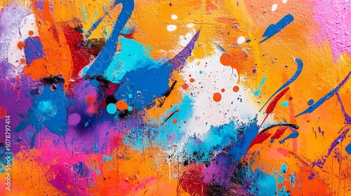 Graffiti art background splashes of color orange and blue photo