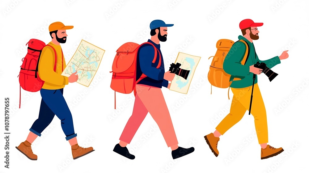 Group of Tourists Exploring with Maps and on Colorful Group of Tourists Exploring with Maps and on Colorful