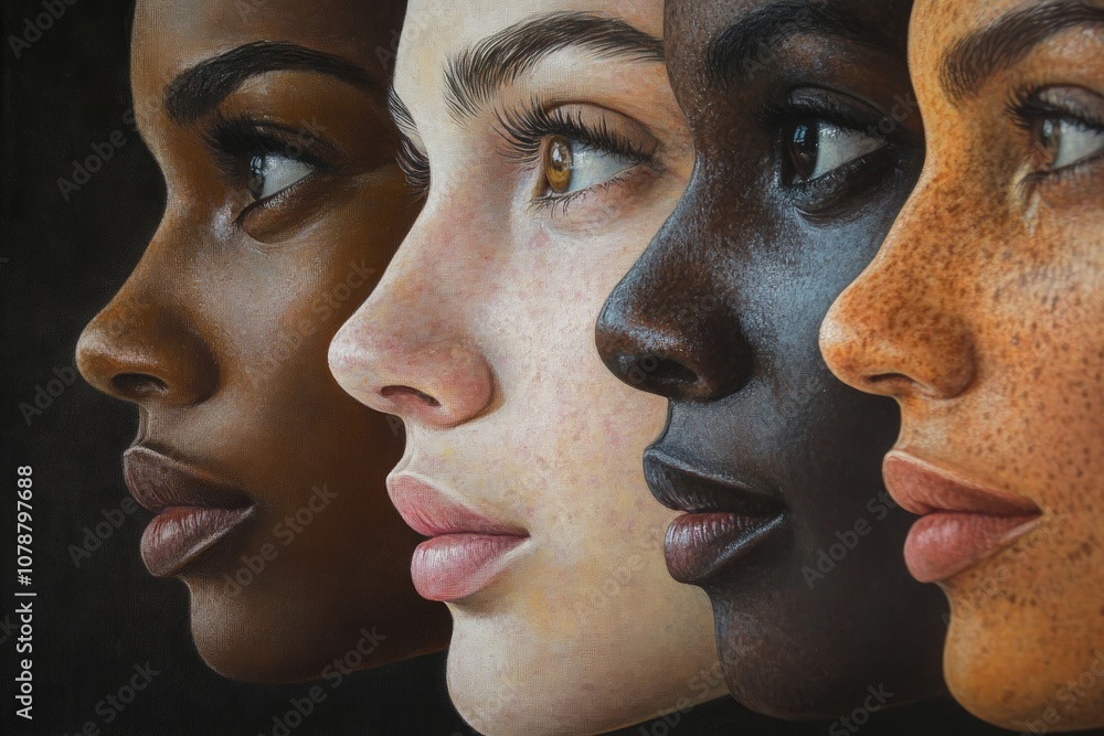 Illustrative portrait of human faces of different women and race on a dark background Illustrative portrait of human faces of different women and race on a dark background