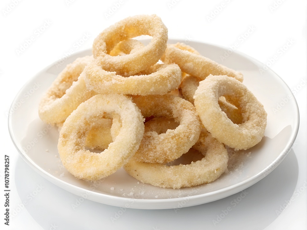 frozen onion rings with breading, beautifully stacked on a white tray, isolated on a white background
frozen onion rings with breading, beautifully stacked on a white tray, isolated on a white background