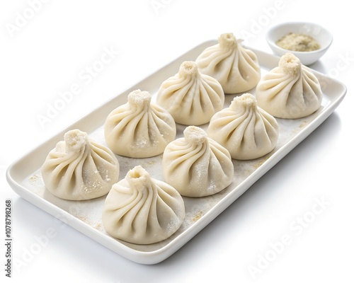  frozen raw khinkali beautifully laid out on a white tray, isolated on a white background