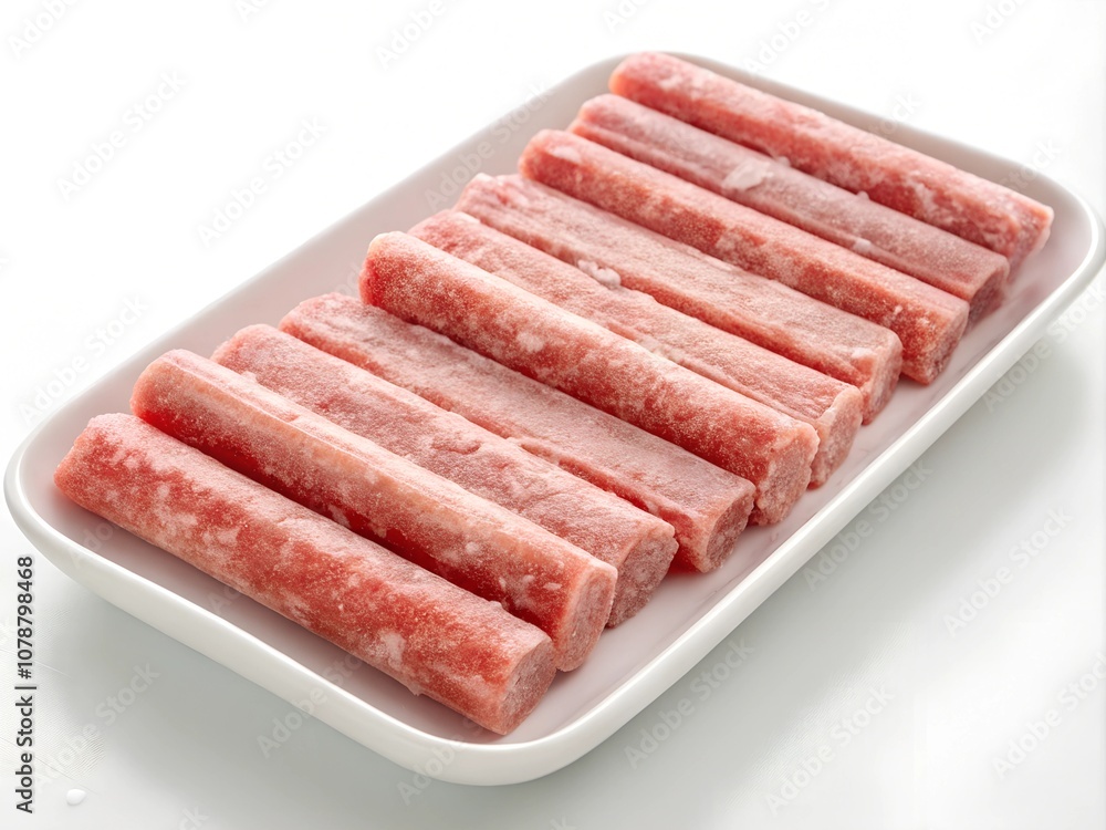 frozen meat sticks beautifully laid out on a white dish isolated on a white background frozen meat sticks beautifully laid out on a white dish isolated on a white background