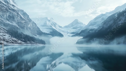 Anime-style serene lake surrounded by snowy mountains