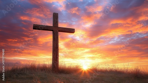 A wooden cross is standing in a field with a beautiful sunset in the background. Concept of peace and serenity, as the cross symbolizes faith and the sunset represents the end of the day