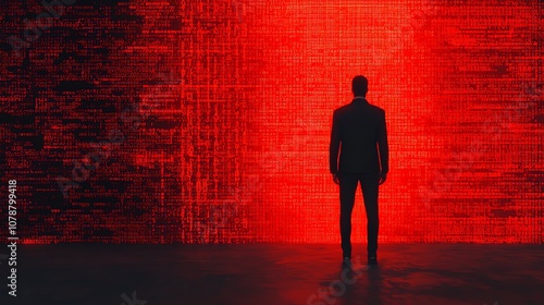 A figure standing in front of a massive digital firewall, glowing embers and binary codes form a barrier, highangle view, soft red hues photo