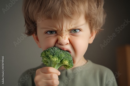 The child is holding a piece of broccoli in their hand and child making a disgusted face.