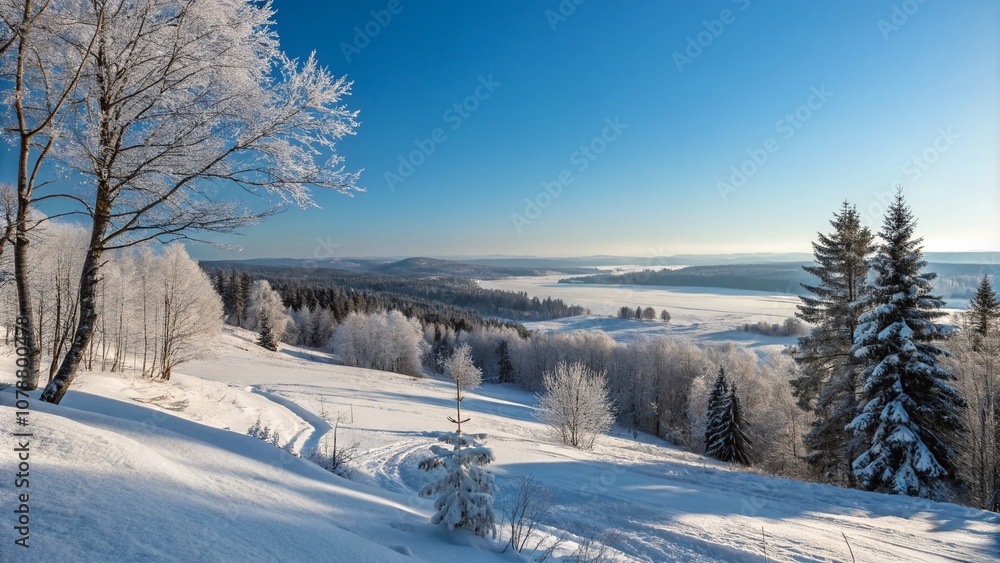 Panoramic View of a Serene Winter Landscape with Fresh Snow Blanketing the Ground and Trees Under a Clear Blue Sky, Perfect for Nature and Seasonal Themes Panoramic View of a Serene Winter Landscape with Fresh Snow Blanketing the Ground and Trees Under a Clear Blue Sky, Perfect for Nature and Seasonal Themes