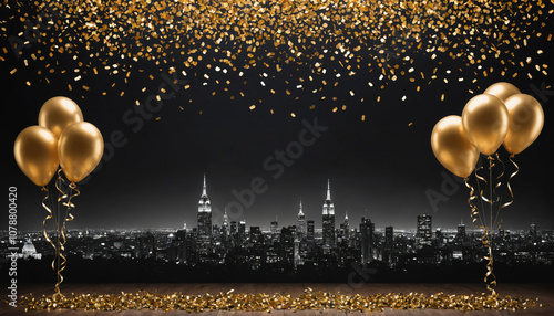 Golden balloons float above a cityscape at night, with confetti falling from the sky