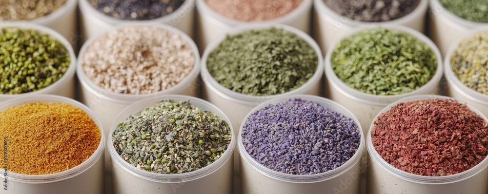 A vibrant display of colorful spices arranged in small containers, showcasing a variety of textures and hues. A vibrant display of colorful spices arranged in small containers, showcasing a variety of textures and hues.