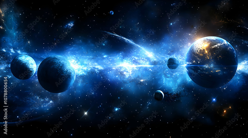 A Cosmic Dance of Planets and Stars in a Vibrant Blue Nebula with a Glowing Stream of Light A Cosmic Dance of Planets and Stars in a Vibrant Blue Nebula with a Glowing Stream of Light