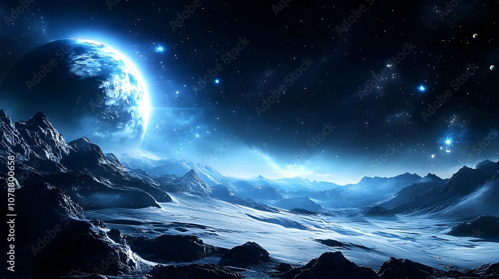 A Futuristic Digital Illustration of a Snowy Mountain Landscape Underneath a Large Blue Planet in a Starry Night Sky A Futuristic Digital Illustration of a Snowy Mountain Landscape Underneath a Large Blue Planet in a Starry Night Sky