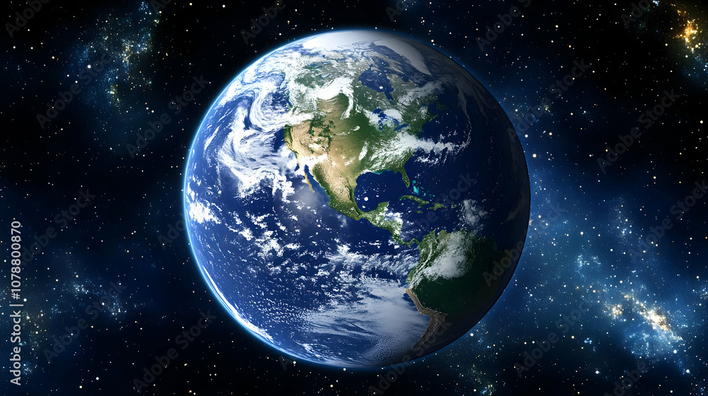 A Detailed Realistic Image of Earth with Clouds and Continents Against a Starry Background A Detailed Realistic Image of Earth with Clouds and Continents Against a Starry Background