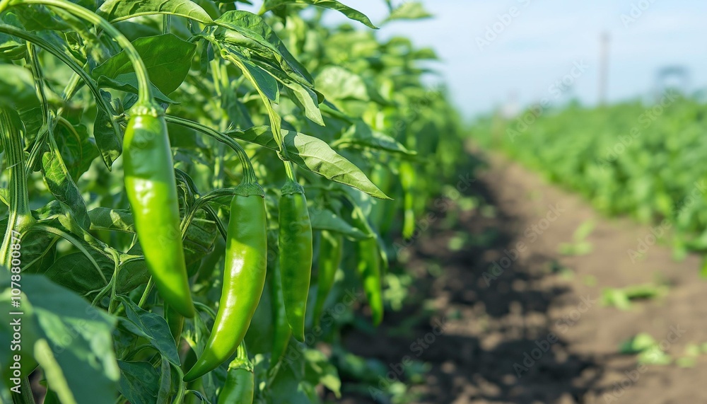 AI generator image of green cayenne peppers in farm, has the benefit of having spicy taste. Contains capsaicin Help respiratory system Blood pressure and heart,reduce blood fat and antioxidants