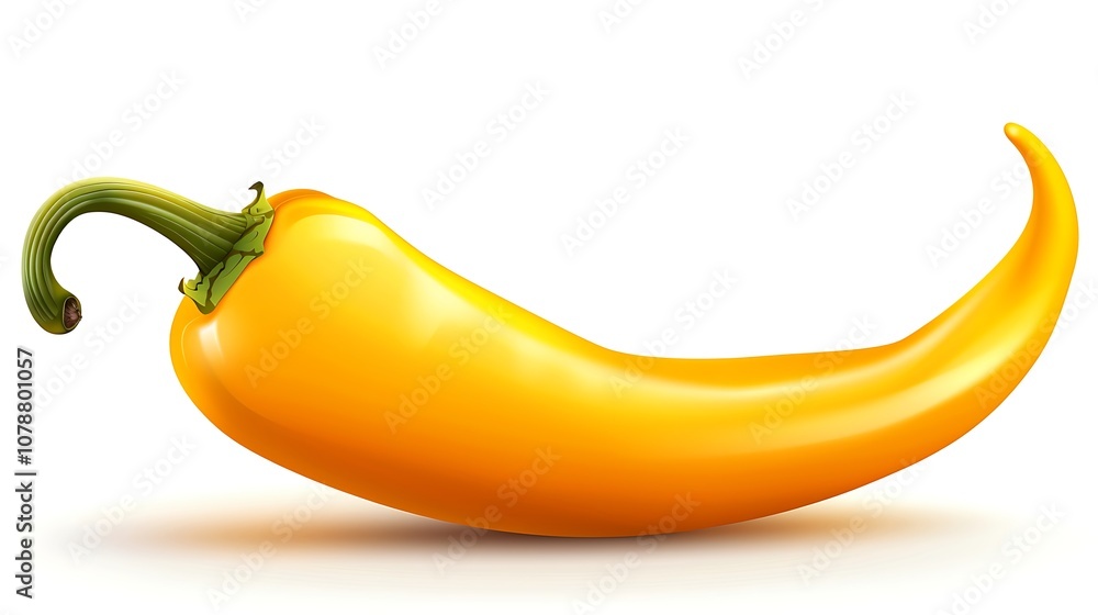A bright yellow chili pepper lying on a plain white background, highlighting its smooth surface and vivid color, standing out with striking contrast A bright yellow chili pepper lying on a plain white background, highlighting its smooth surface and vivid color, standing out with striking contrast