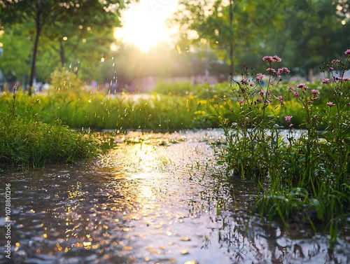 Glowing Rain Garden in Urban Park Showcasing Green Infrastructure for Wastewater Purification photo