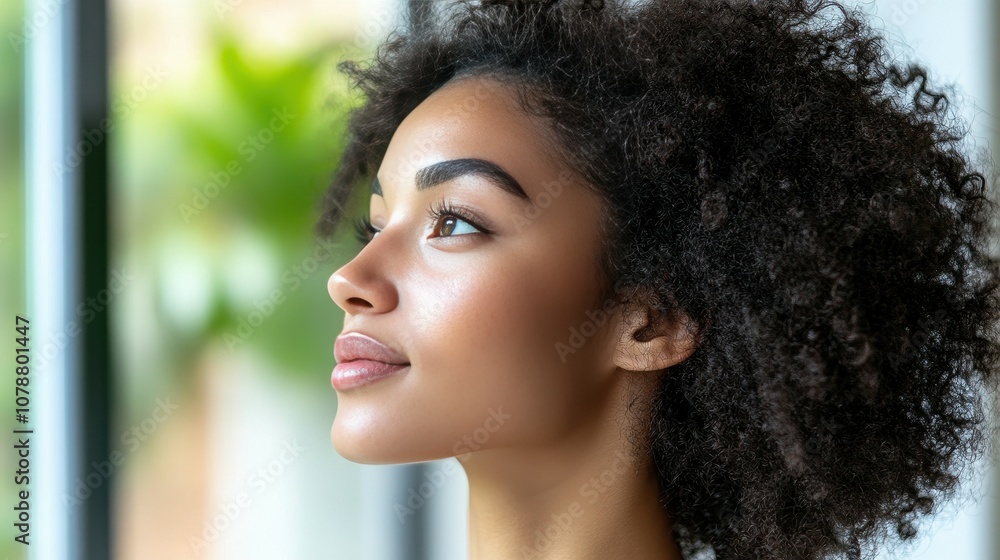 A woman with dark hair and a beautiful smile. She is looking out the window A woman with dark hair and a beautiful smile. She is looking out the window