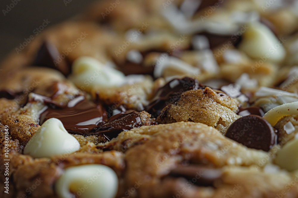 Close up of freshly baked brown and white chocolate chip cookie Close up of freshly baked brown and white chocolate chip cookie