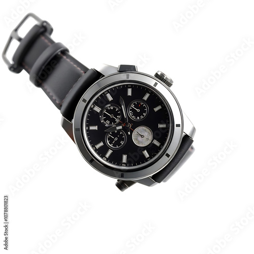 Black Dial Chronograph Wristwatch with Leather Strap photo