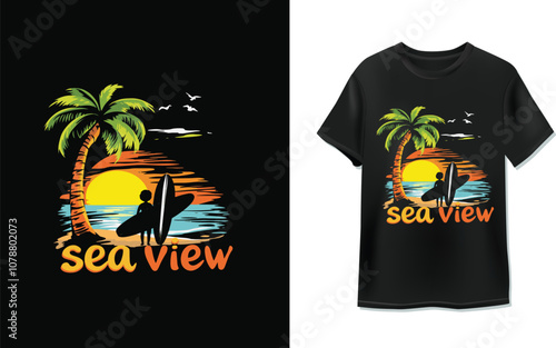 A vintage-style illustration of a surfer standing on a beach at sunset, with a palm tree, waves, and a setting sun in the background. The text 