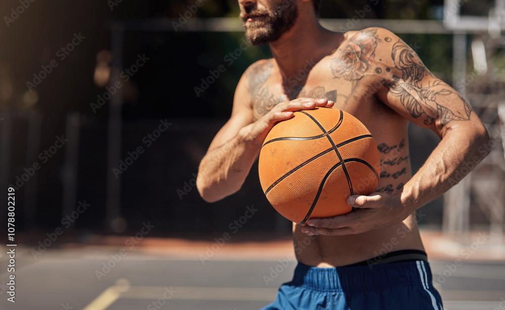 Basketball, hands and training with body of man on court for challenge or competition. Exercise, fitness and health with shirtless sports athlete at outdoor event, playing game for tournament