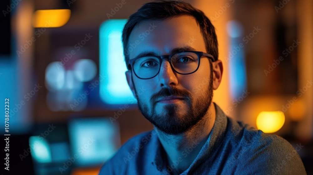 A young man with a beard and glasses looks intently at the camera in a dimly lit room. A young man with a beard and glasses looks intently at the camera in a dimly lit room.