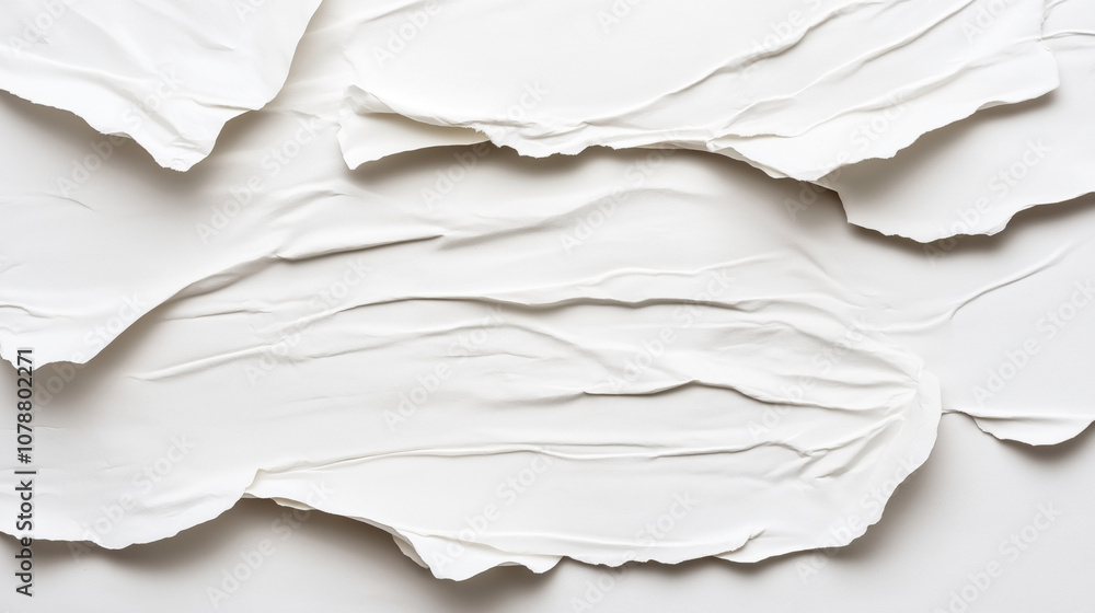 Abstract textured image of layered torn white paper with irregular edges and folds. Abstract textured image of layered torn white paper with irregular edges and folds.