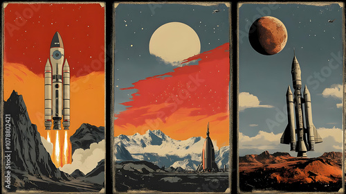 Vintage Space Exploration Poster Featuring Three Rockets Launching into the Cosmos with Dramatic Landscapes and Celestial Bodies