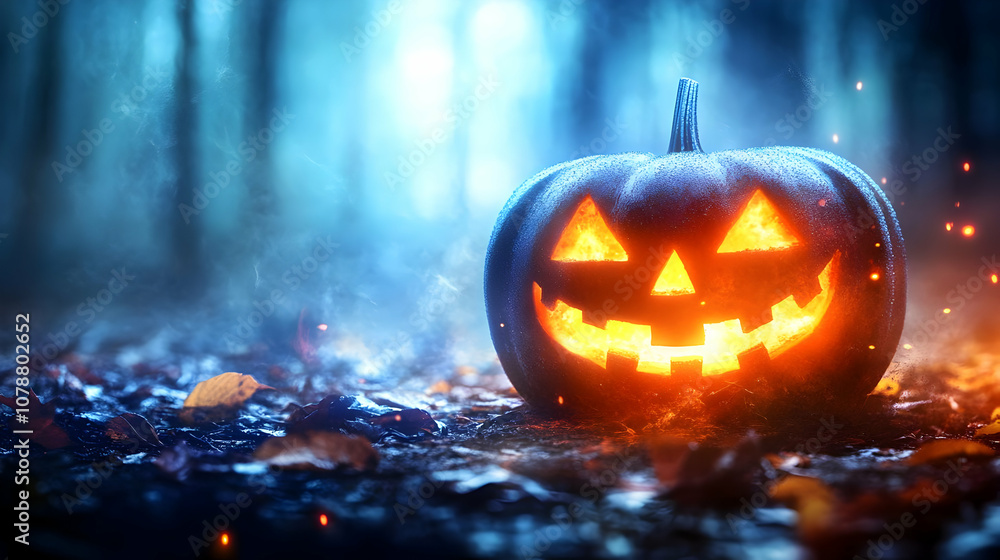 Fototapeta premium A Glowing Jack-o'-lantern Sits in a Foggy Forest, Halloween Background Illustration