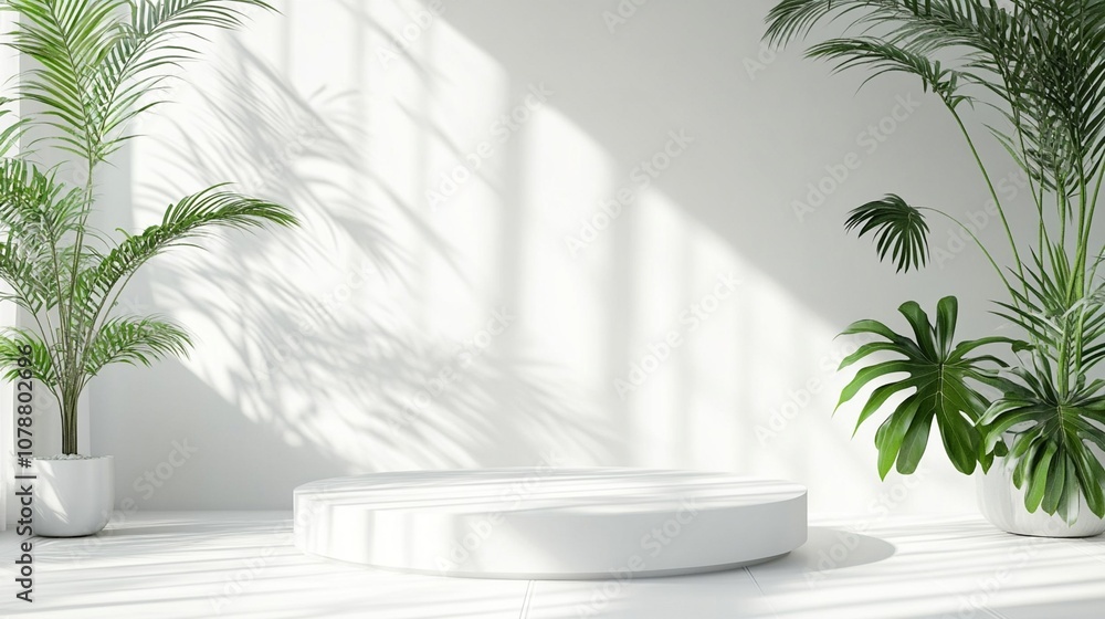 Minimalist white podium surrounded by lush tropical plants, creating a serene and elegant display space with soft shadows on a clean backdrop. Minimalist white podium surrounded by lush tropical plants, creating a serene and elegant display space with soft shadows on a clean backdrop.