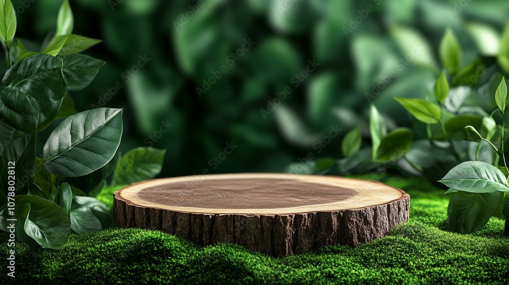 Natural wooden tree stump slice on lush green moss surrounded by vibrant leaves, creating a serene forest-inspired product display platform. Natural wooden tree stump slice on lush green moss surrounded by vibrant leaves, creating a serene forest-inspired product display platform.