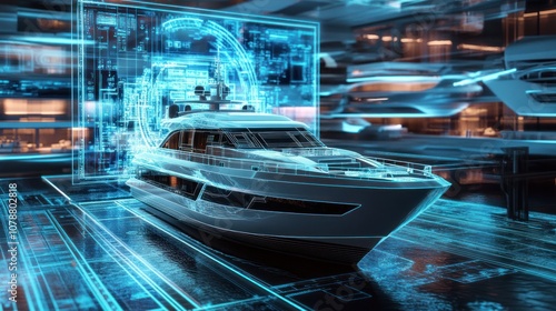 A futuristic yacht design displayed in a digital interface with holographic elements.