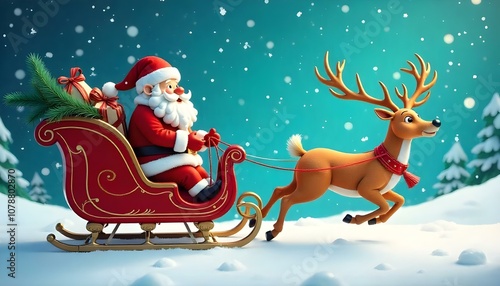 Santa Claus rides a sleigh with reindeer. 3d illustration