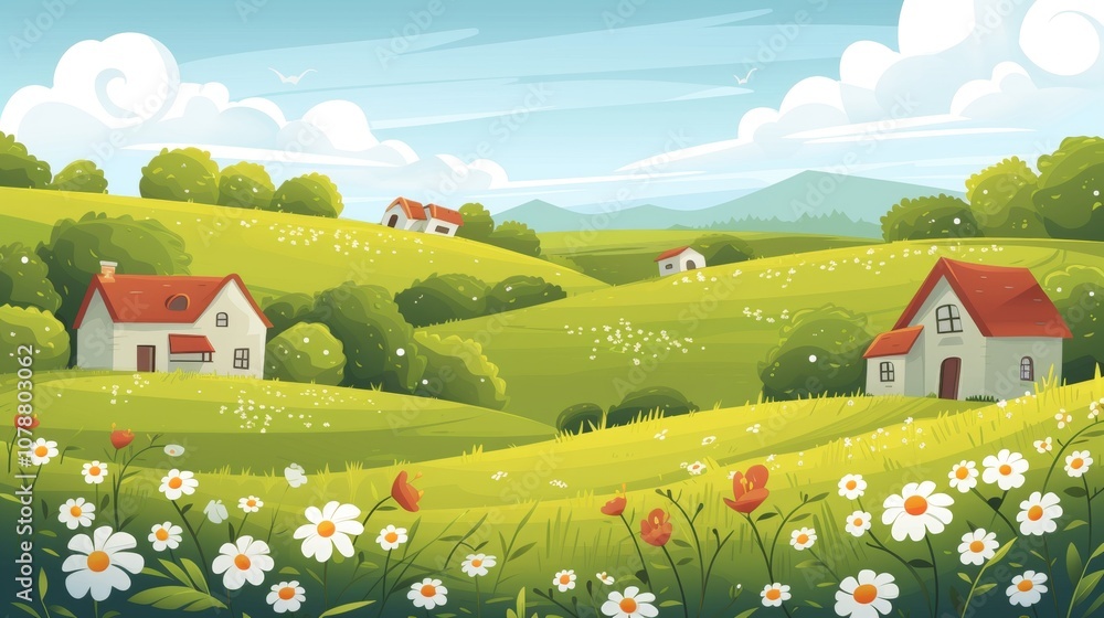charming countryside landscape charming and picturesque illustration showcasing countryside landscape with rolling hills quaint cottages and blooming fields evoking sense nos generated illustration
