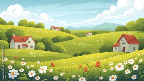 Obraz na płótnie charming countryside landscape charming and picturesque illustration showcasing countryside landscape with rolling hills quaint cottages and blooming fields evoking sense nos generated illustration w salonie