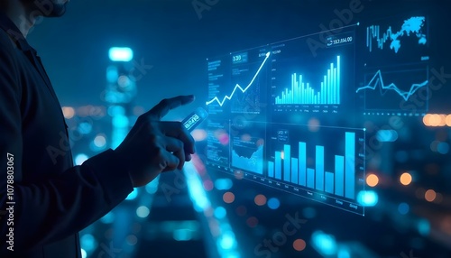 Businessman working with virtual panel of infographs on blurred city background