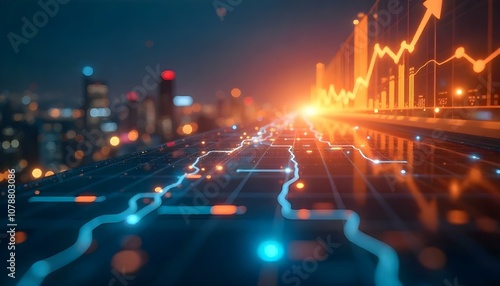 Futuristic city at night with glowing forex candlestick chart. 3D rendering