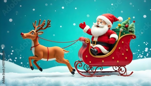 Santa Claus rides on a sleigh with reindeer in winter forest