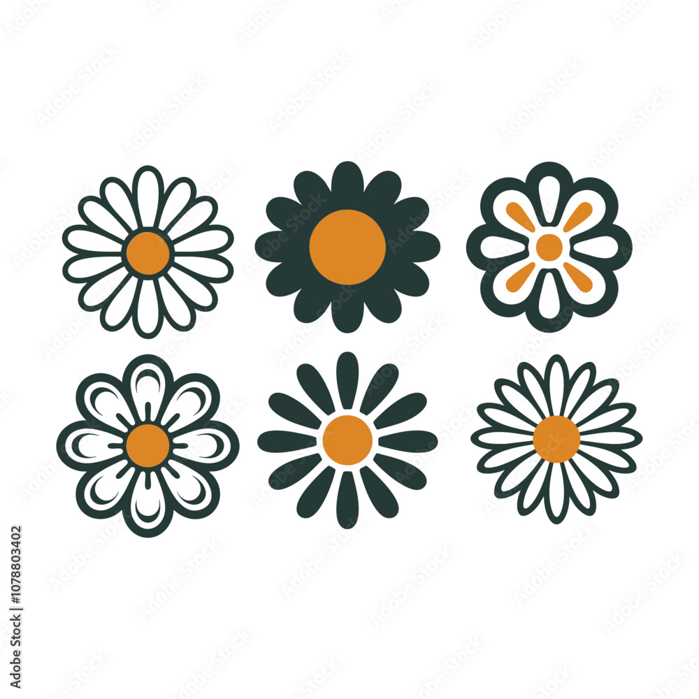 Retro Daisy Icon Set. Retro Flower Design Retro Daisy Icon Set. Retro Flower Design