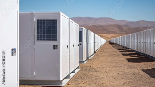 A row of large white energy storage containers set against a desert landscape, showcasing modern technology in renewable energy systems.