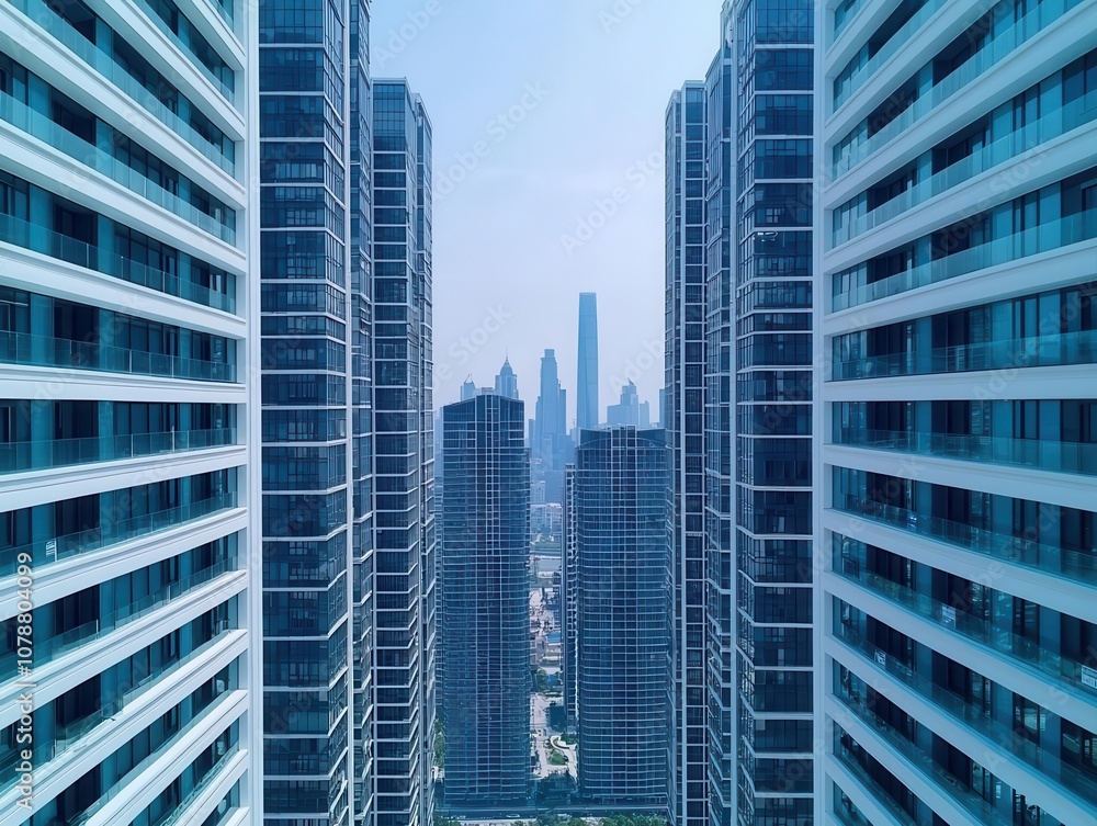 Naklejka premium View of modern residential buildings Cityscape of highrise buildings in the center of the metropolis Business district in the center Concept of architecture, buildings