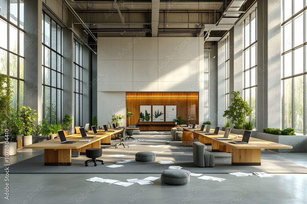 Modern open-plan office space with large windows, wooden desks, and plants. Modern open-plan office space with large windows, wooden desks, and plants.