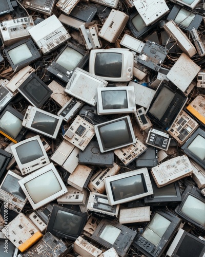 A cluttered pile of old, outdated television sets stacked haphazardly, showcasing various styles and designs reflecting past technology. photo