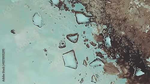 Icy River Flow: A partially frozen river winds through a valley. Jagged chunks of ice float downstream, reflecting the pale blue sky. The image captures the struggle of life persisting even  photo