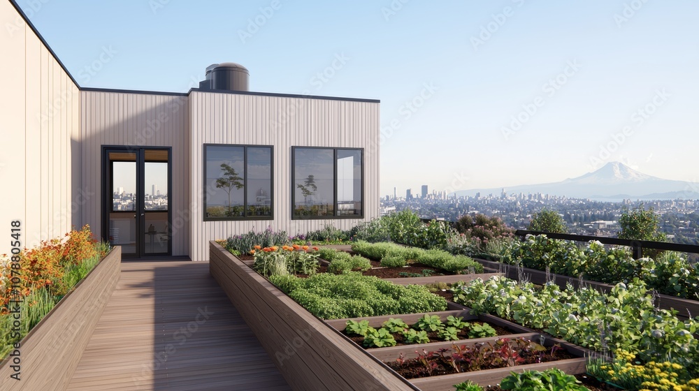 A rooftop garden with diverse plants, featuring raised beds, a modern structure, and a panoramic city skyline in the background. A rooftop garden with diverse plants, featuring raised beds, a modern structure, and a panoramic city skyline in the background.