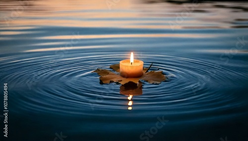 Small burning candle floating on a dry leaf in water creating ripples at sunset, conveying peace and tranquility
